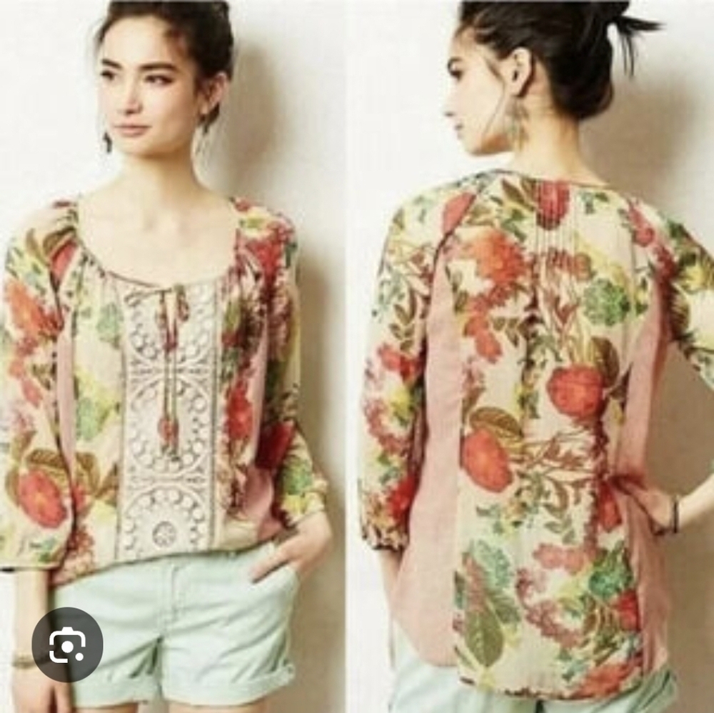 Anthropologie Meadow Rue Roselle Floral Print Semi-sheer Lace Blouse, Sz Small  - Picture 2 of 13